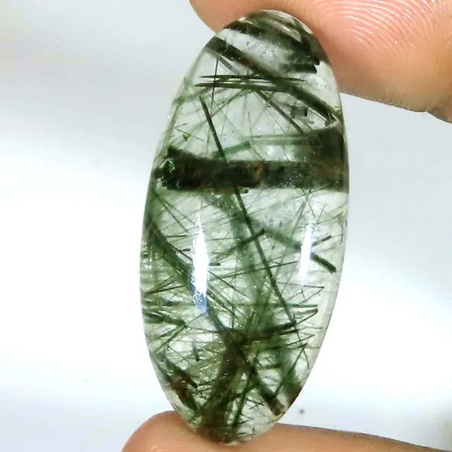 natural green RUTILE QUARTZ oval cabochon loose gemstone 26.35 Cts. (15x33x5 mm)