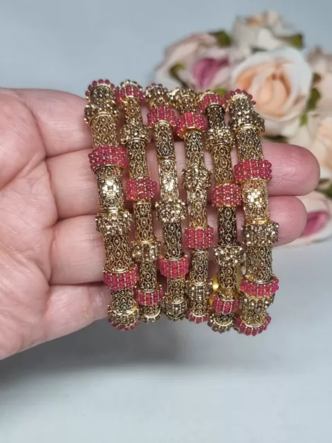 Indian Pakistani 6 Piece Antique Gold look Bangles Set With Red Stones In 2.8