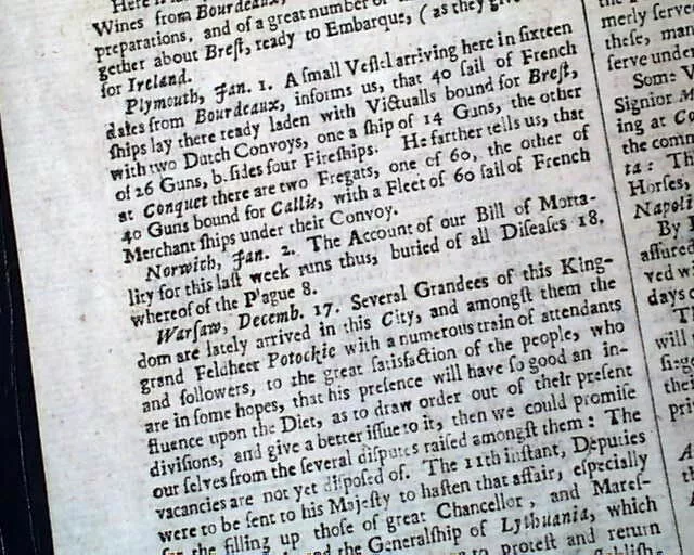 Rare GREAT PLAGUE Outbreak Deaths Cases London England Gazette 1666 UK Newspaper