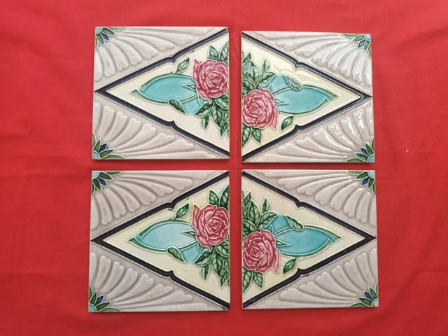 4 Piece Old Art Deco Flower Design Embossed Majolica Ceramic Tiles Japan 0117 3