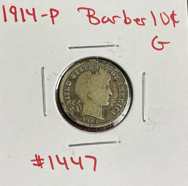 1914-P Barber Dime Good 90% Silver 10c US Type Coin Collectible