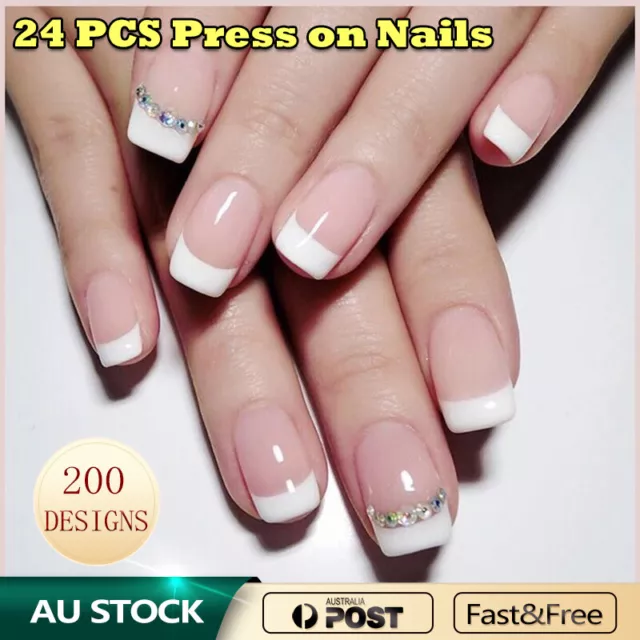 False Fake Nails Medium Coffin French Nail Art Gel Acrylic New Press on  nails