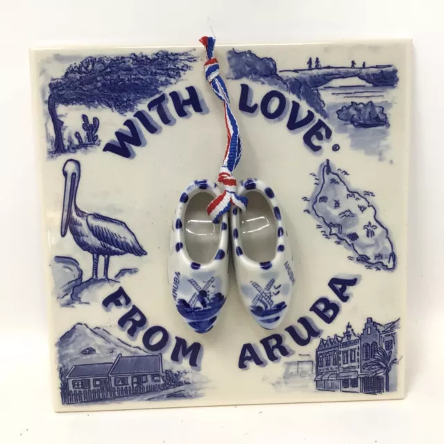 Delft Blue With Love From Aruba Tile Dutch Holland Clogs Shoes Mosa Ceramic 6”