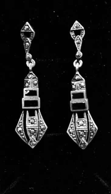 Vintage Art Deco Design 925 Sterling Silver Onyx Marcasite Earrings