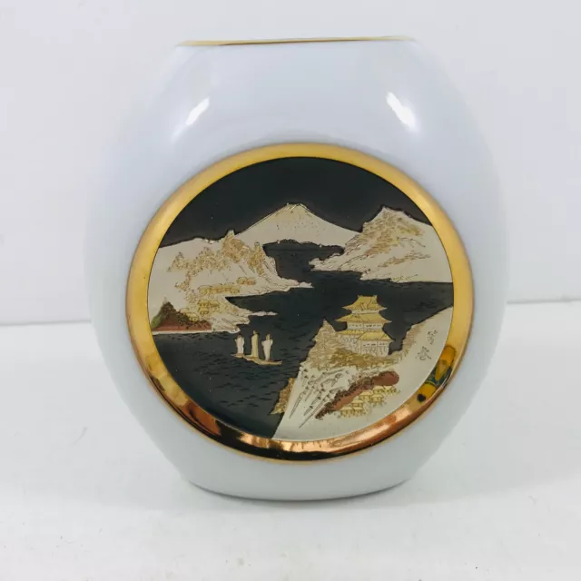 The Art Of Chokin Small Vase Edged In 24k Gold Mountains Sea Houses pattern