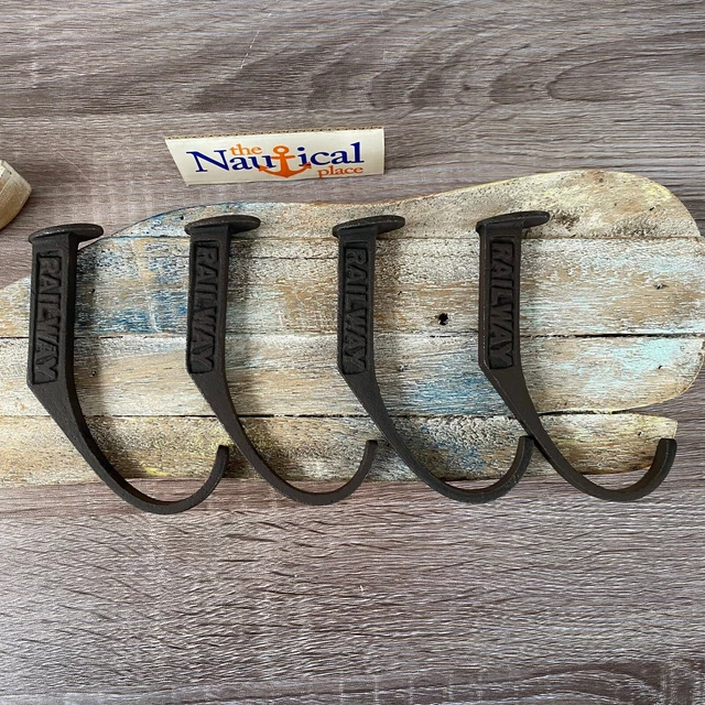 4 x Cast Iron Railroad Spike Hooks - Rustic Dark Brown - Towel Hanger -Coat, Hat