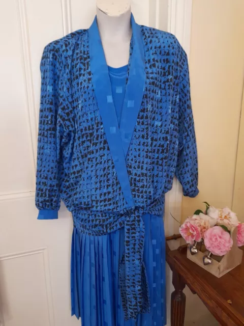 VINTAGE 1980's MARK SHAW BLUE DRESS WITH PLEATS  & AN OVERLAY LONG SLEEVE TOP