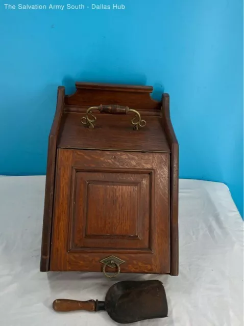 Vintage Solid Wood Coal Ash Slipper Box Scuttle w/ Shovel - Fireplace Storage