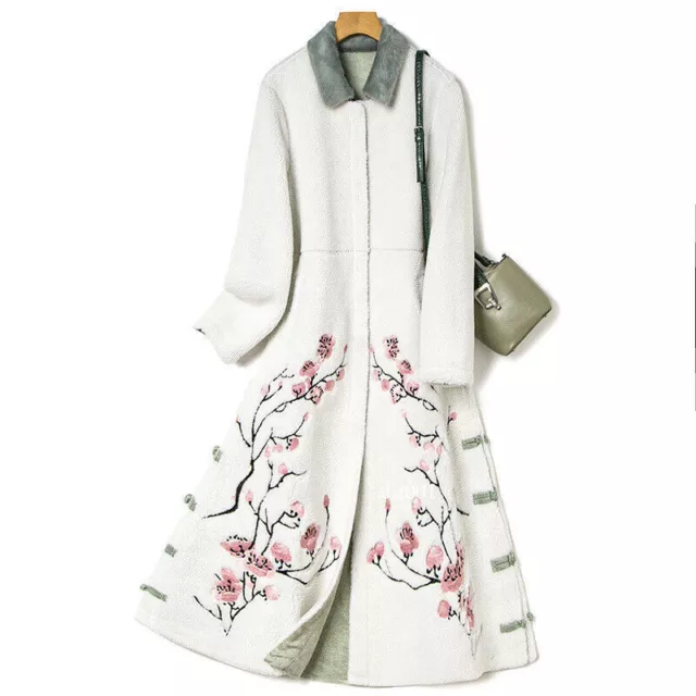 Lady Lamb Fur Coat Womens Long Elegant Trendy Retro Embroidered Trench Overcoats