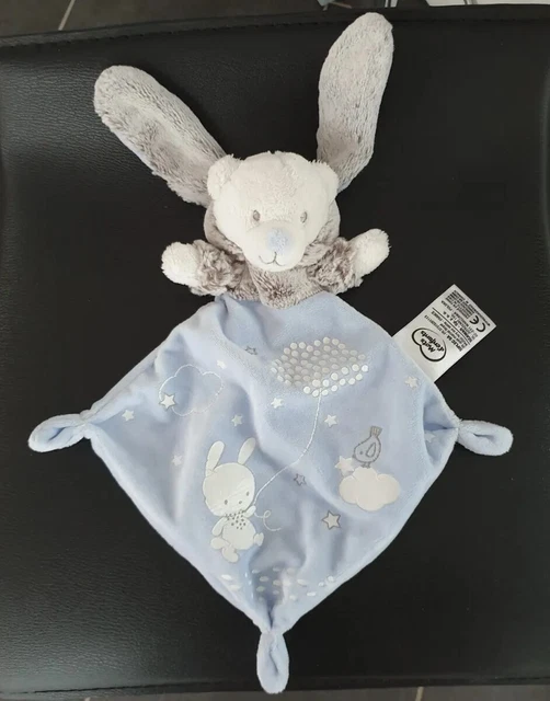 Doudou plat Ours Blanc capuche Lapin Gris Bleu Phosphorescent Mots D'enfants