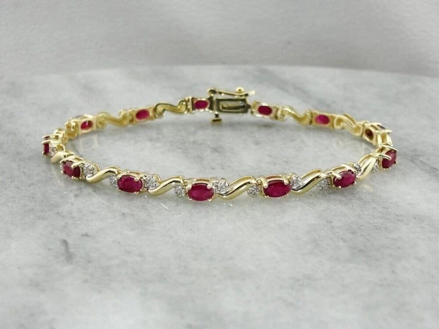 Lab Created 6 Ct Ruby & Diamond Women's Tennis Bracelet 14K Yellow Gold Plated