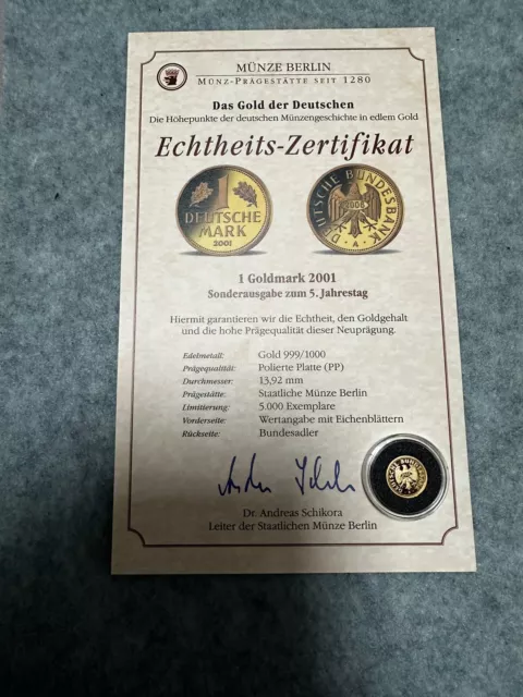 Kleinste  Goldmünze der Welt ! 1 Goldmarkt 2001  1,00g 999,9/1000