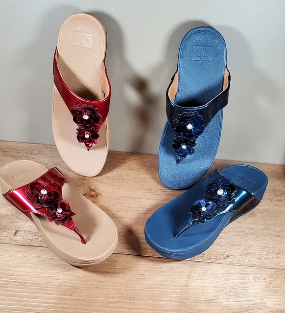 Lotf 2 New Womens Fitflop LuLu Flower Meteor Blue & Red Toe Thong Sandals Sz 9