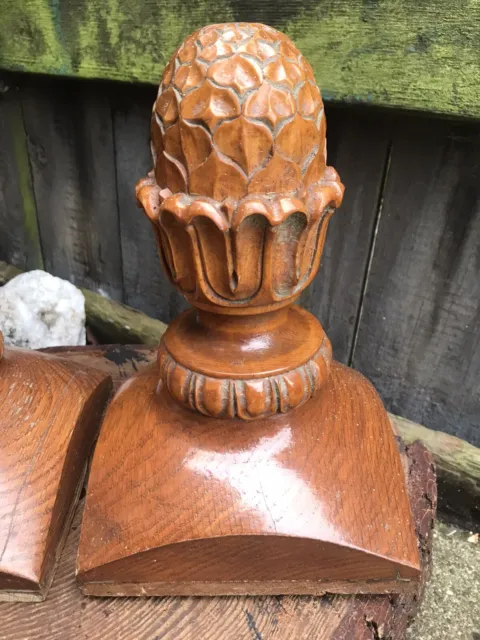 Vintage pair of carved oak acorn finials stair newel post caps top architectural 2