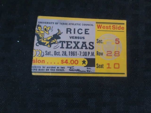 Texas Longhorns Football Ticket  VS Rice Owls Oct 28, 1961