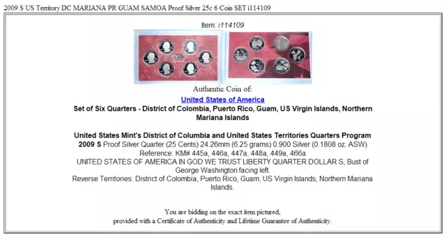 2009 S US Territory DC MARIANA PR GUAM SAMOA Proof Silver 25c 6 Coin SET i114109 3