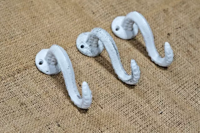 3 Cast Iron Octopus Tentacle Wall Hooks Bathroom Wall Towel Nautical Coat White