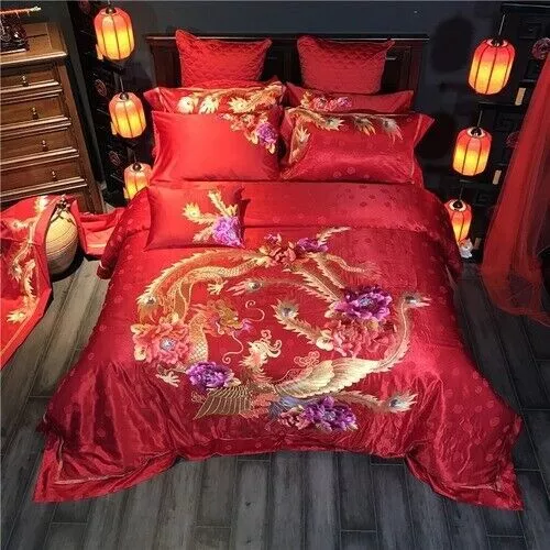 Luxury Loong Phoenix Embroidery Egyptian Cotton Bedding Set Cover Bed Sheet