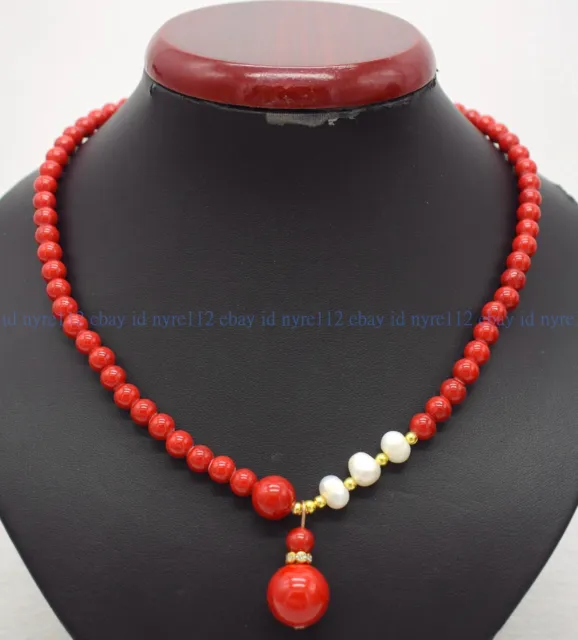 Natural 8mm Red Coral Round Gemstone & White Pearl Pendant Necklace 18-28" AAA+