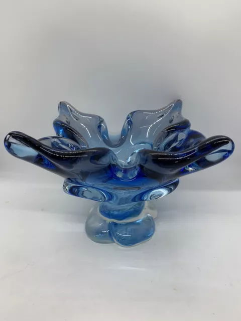 Studio Art Glass Footed Bowl Cobalt Blue Hand Blown Murano Style Vintage MCM