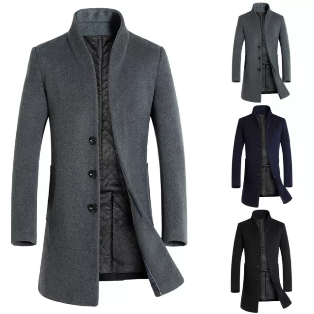 Mens Jacket Warm Woolen Trench Coat Double Breasted Overcoat Long Outwear Winter