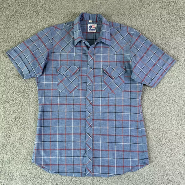 Miller Western Wear Shirt Mens 16 1/2 Blue Plaid Pearl Snap Up Western Rodeo USA