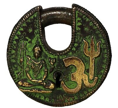 Lord Shiva Engraved Round Door Lock Victorian Style Handcrafted Brass Padlock 2