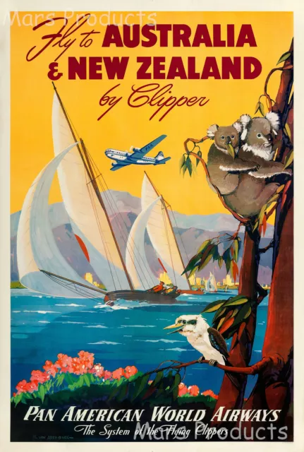 Fly to Australia & New Zealand 1950s Vintage Style Air Travel Poster 16x24