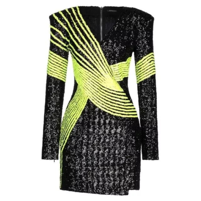 BALMAIN Black Green Sequin Mini Dress Long Sleeve Size 36  US4 Runway 2018