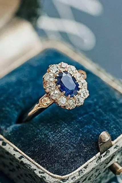 Art Deco Style 2.5Ct Blue Sapphire & Lab Created Diamond Wedding 925 Silver Ring