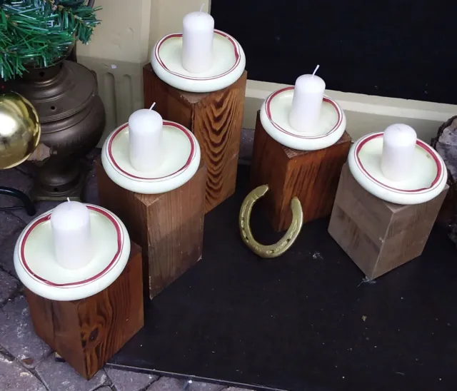 5 Stück Alte Holzpfosten & Keramik Schalen Ohne Kerzen, Aschenbecher B 648 3