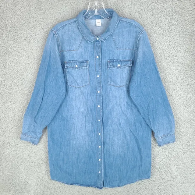 Old Navy Top Womens Large Denim Western Pearl Snap Tunic Shirt Dress Pockets