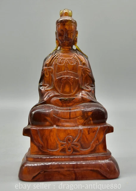 9.2" Ancient Chinese Amber Carved Kwan-yin Guan Yin Goddess Boddhisattva Statue
