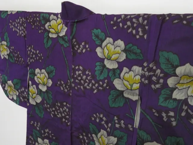 0822i04z420 Vintage Japanese Kimono Silk MEISEN HAORI Dark purple Flower 2