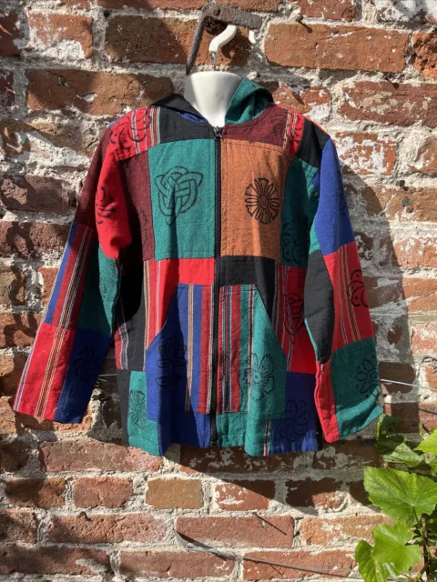 Felpa con cappuccio/giacca in cotone patchwork cappotto hippie/boho/festival 9-10 anni