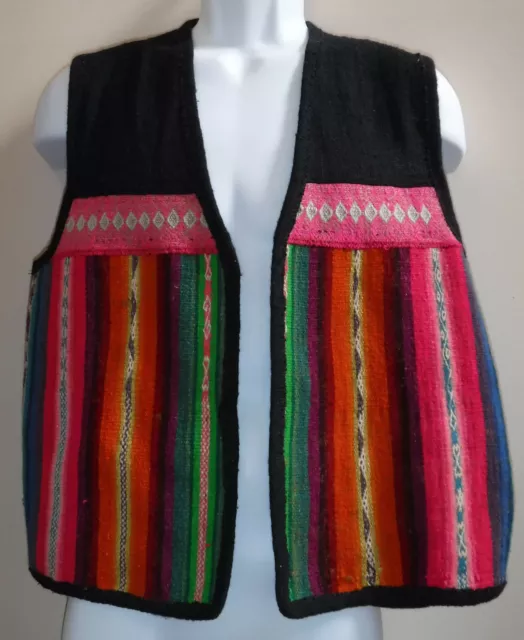 Vtg SPIRIT OF PERU 100% Wool Black Colorful Tapestry Open Front Vest
