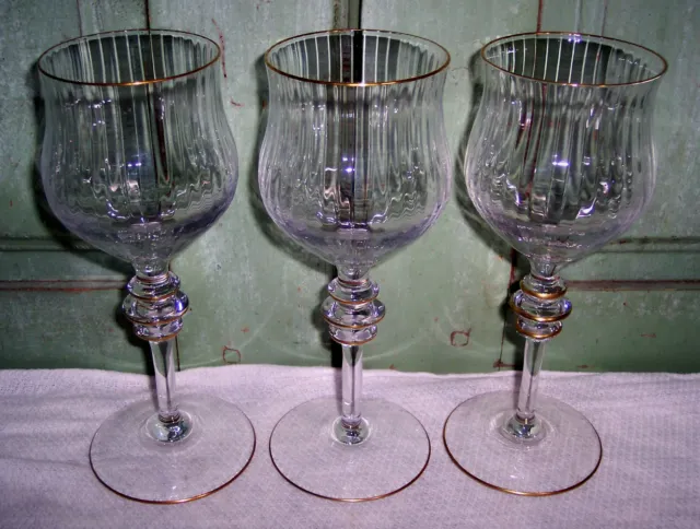 3 Murano T 3-Wafer Stem Optic Gold Trim Crystal Wine Glasses Goblets Venetian