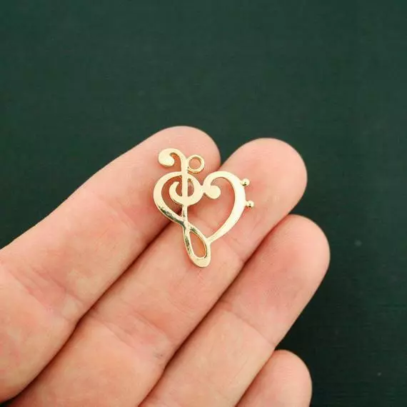 2 Music Note Heart Charms Gold Tone Treble and Bass Clef - GC103