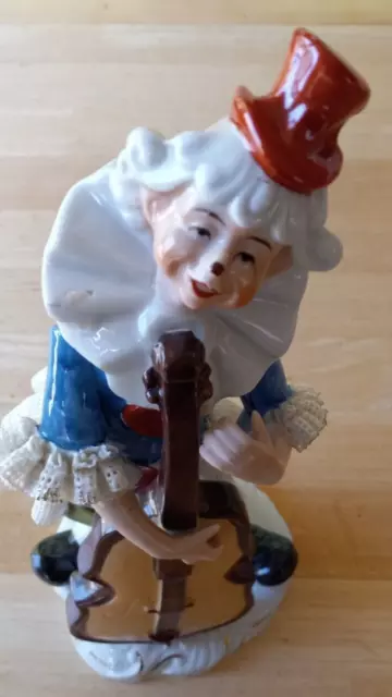 Vintage German Porcelain Clown Playing Chello 10" Dresden Lace