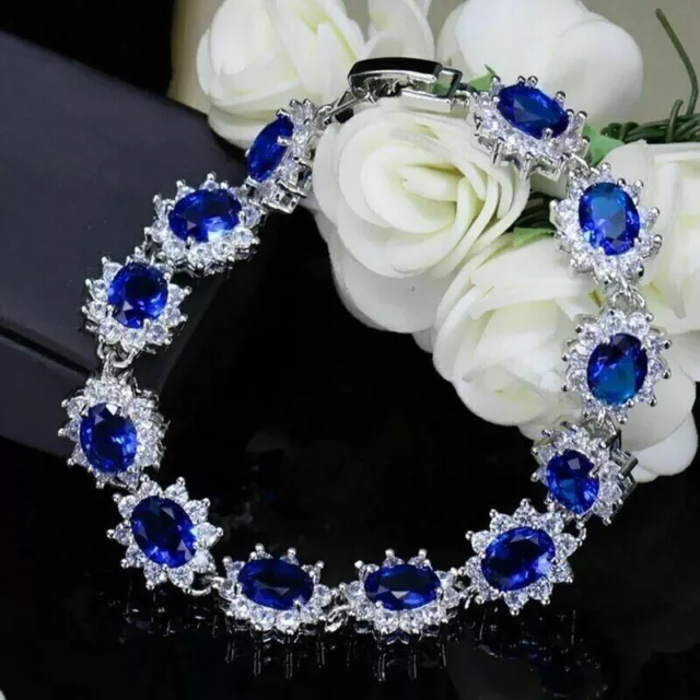 Lab Created 5.30Ct Oval Cut Blue Sapphire Tennis Bracelet 14K White Gold Plated