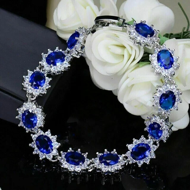 Lab Created 5.30Ct Oval Cut Blue Sapphire Tennis Bracelet 14K White Gold Plated Lab Created 5.30Ct Oval Cut Blue Sapphire Tennis Bracelet 14K White Gold Plated