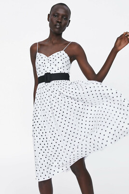 New Zara Discontinued Black & White Smocking Pleated Polka Dot Dress with Belt
