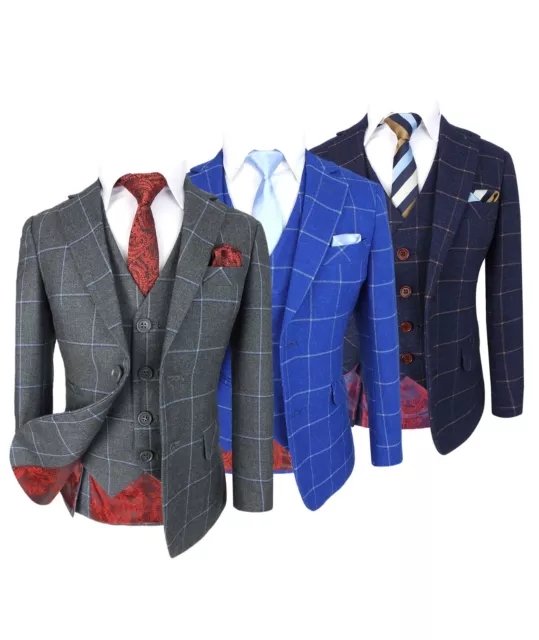 Boys Slim Fit Window Pane Designer Check Suits Kids Pageboy Wedding Prom Suit