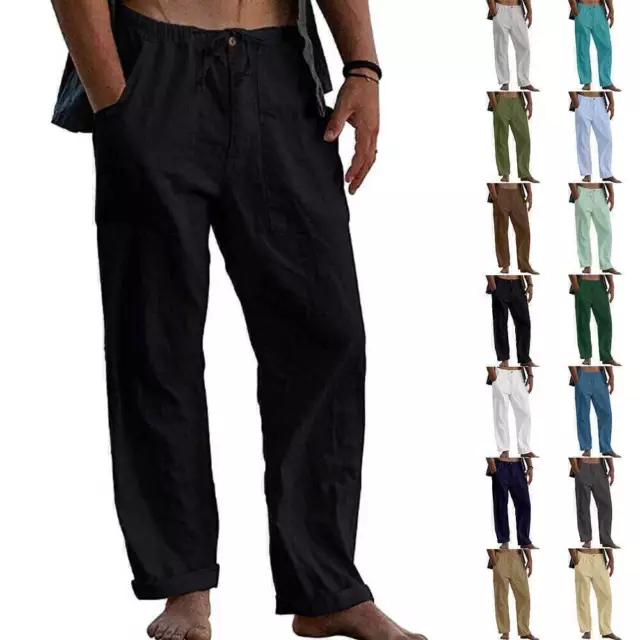MENS ELASTICATED WAIST Cotton Linen Pants Drawstring Summer Causal Yoga ...