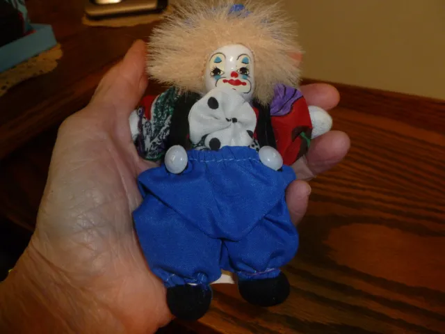 Vintage Porcelain/Material 5" Clown Doll. Very Nice!    Collectable.