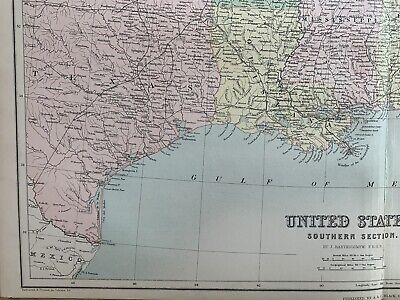 1879 Southern United States Large Original Antique Map by John Bartholomew 3