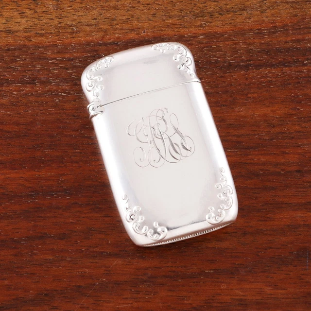 Sturdy Watrous Sterling Silver Match Safe Scrollwork Corners Monogram Hrs