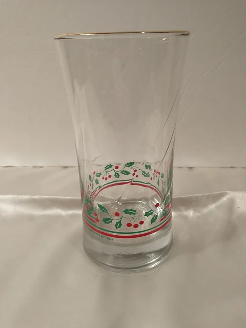 Arby’s Glass Holly Berry Christmas Tumbler Tall Swirl Libbey Gold Rim 1987