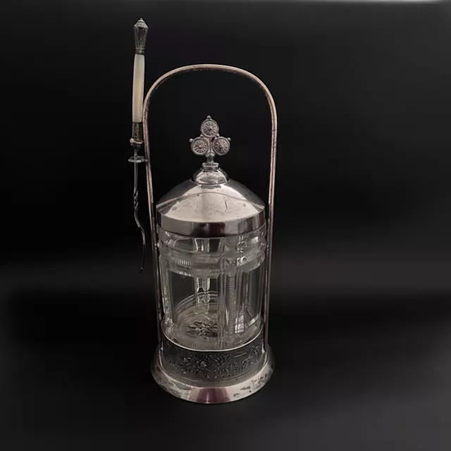 Antique Victorian Silver Plate & Crystal Glass Pickle Jar Floral Stand + Fork