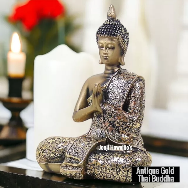 Antique Gold Thai Buddha Praying Meditating Sculpture Ornament Diamante Figurine